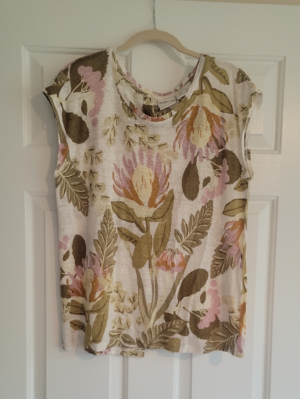 Rachel Zoe Cream Floral Short Sleeve Linen-Blend Tee with Pink & Olive Motif